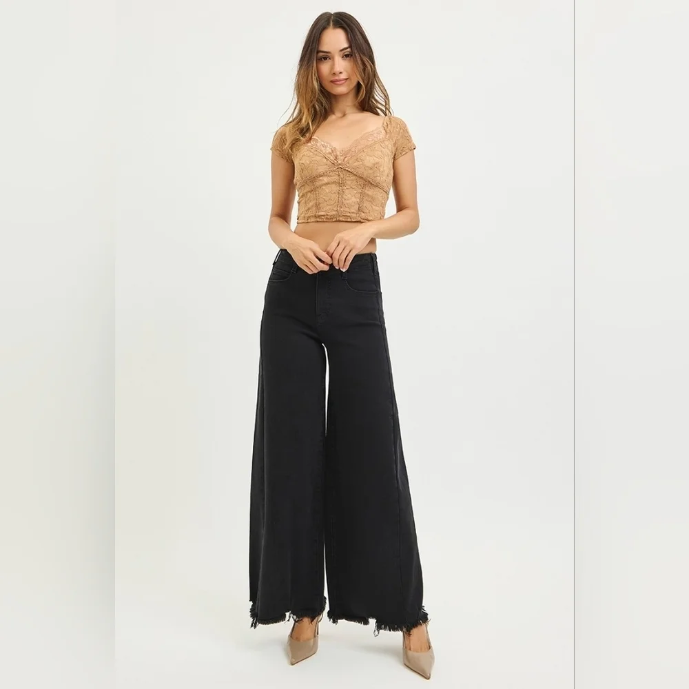 RISEN HR Tummy Control Black Palazzo Jeans Wide Leg Distressed Hems Various NEW - Picture 1 of 13